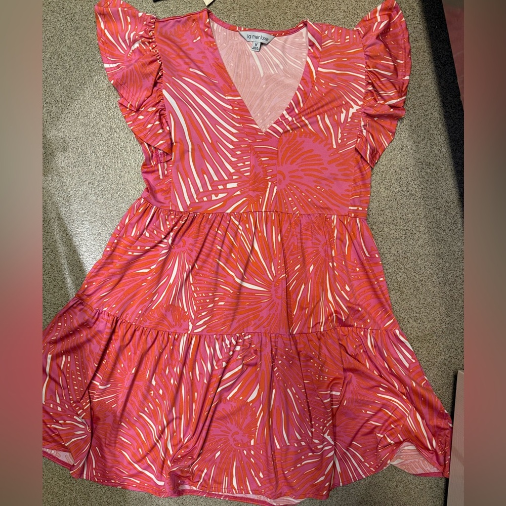 La Mer Lux Flutter Sleeve Pink and Orange Patterned Dress